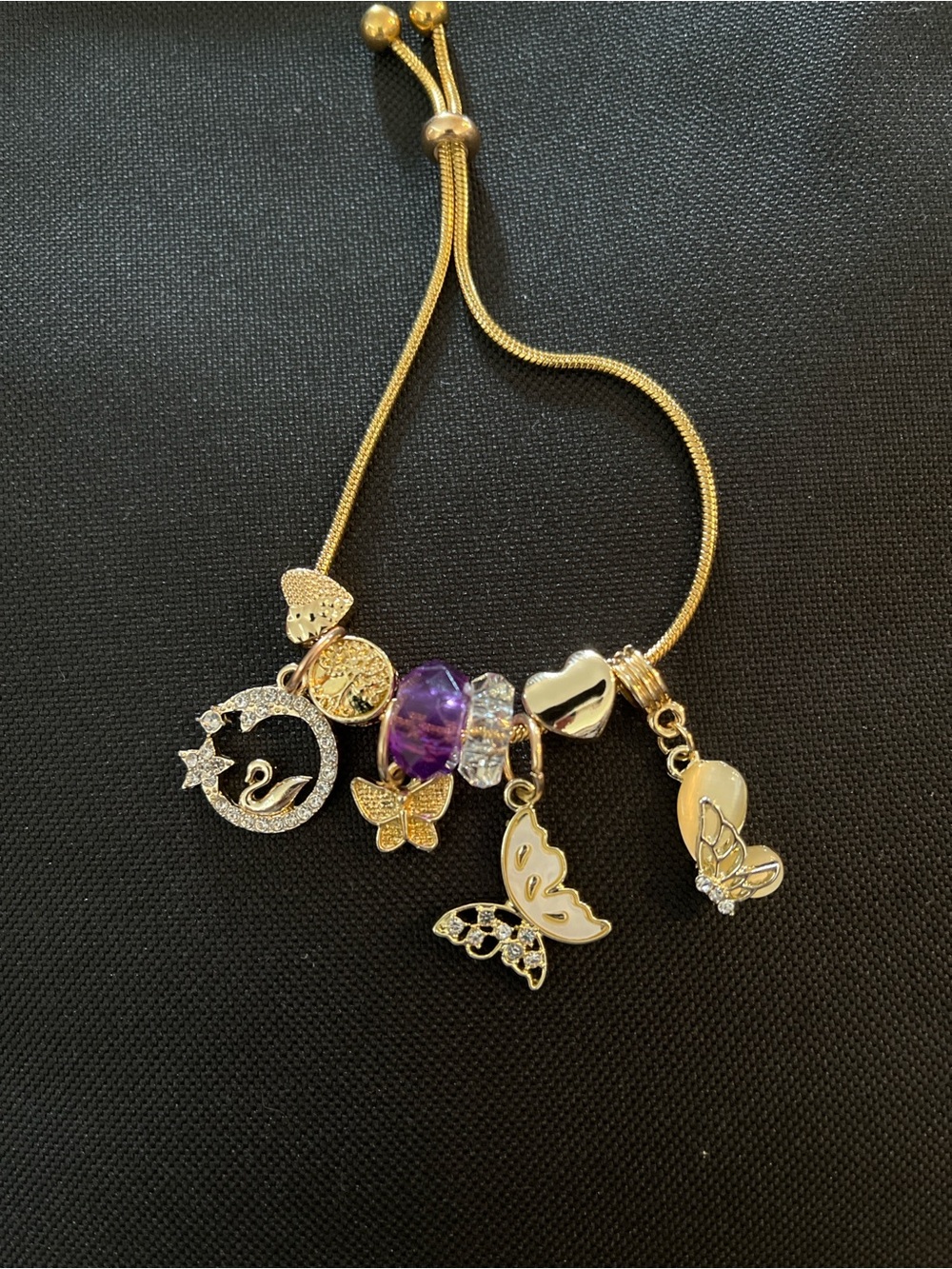 Gold-Tone Butterfly & Purple Crystal Charm Bracelet
